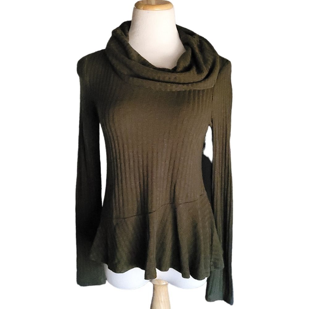 Maeve by Anthropologie olive Green Peplum Waffle Knit Cowl Neck Top womens Small